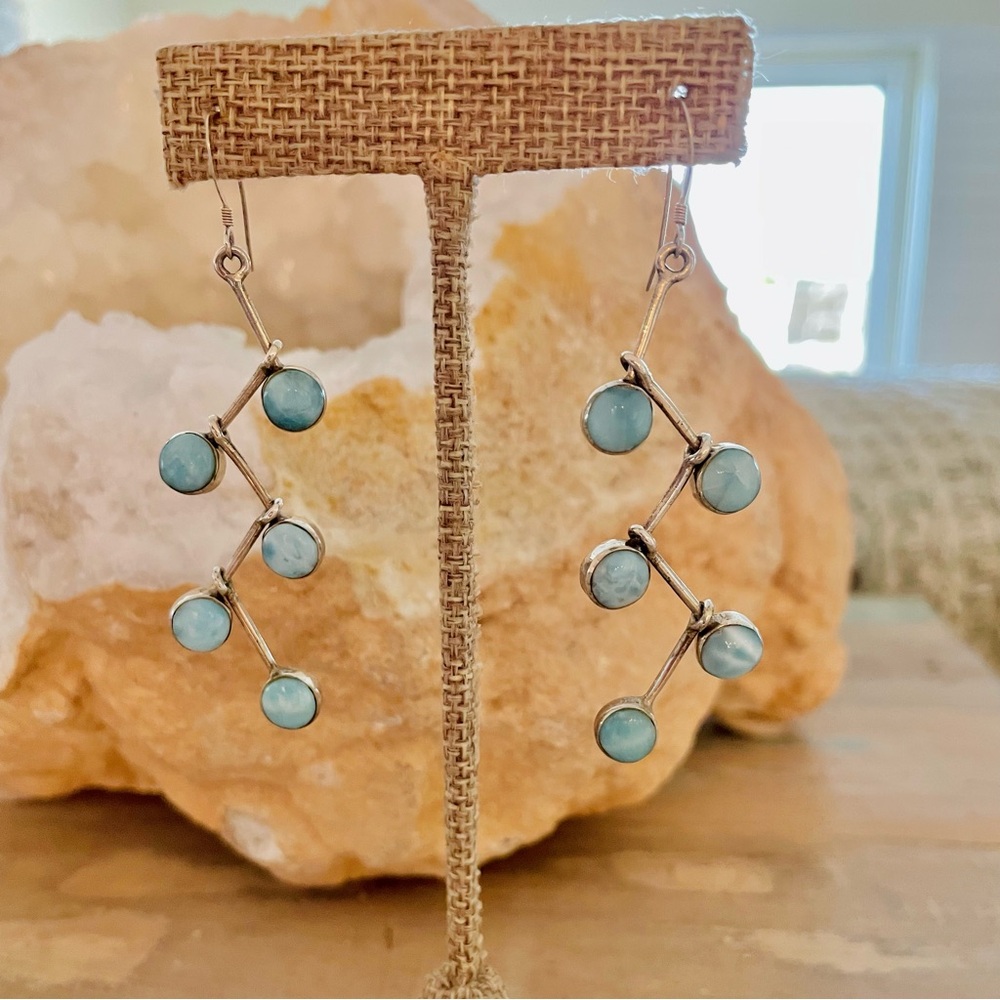 925 Silver with Larimar Cabochon Kinetic Elegant Dangle Earrings